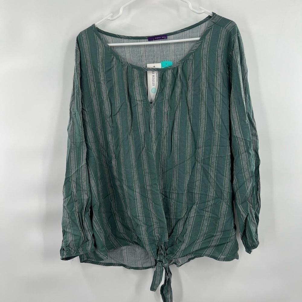 West Kei casiya tie front blouse green striped shirt XXL stitch fix long sleeve